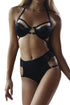 Sexy Black Eyelash Lace Trim Strappy Two Piece Lingerie Set